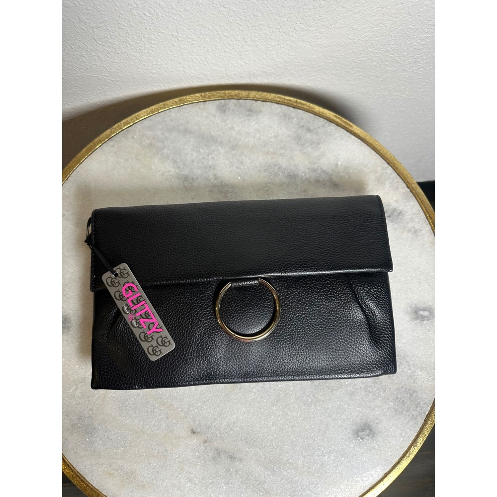 Glitzy by Glitzie Girl Black Pebbled Faux Leather Clutch Gold Ring Handbag